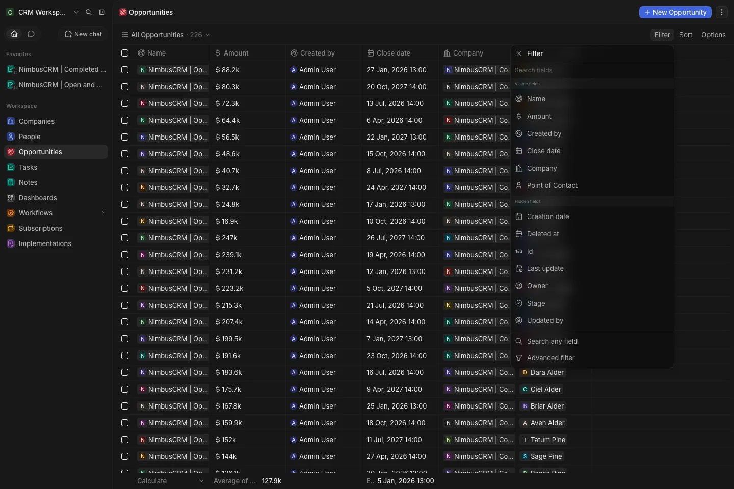 CRM Workspace - opportunities - filter menu (dark)