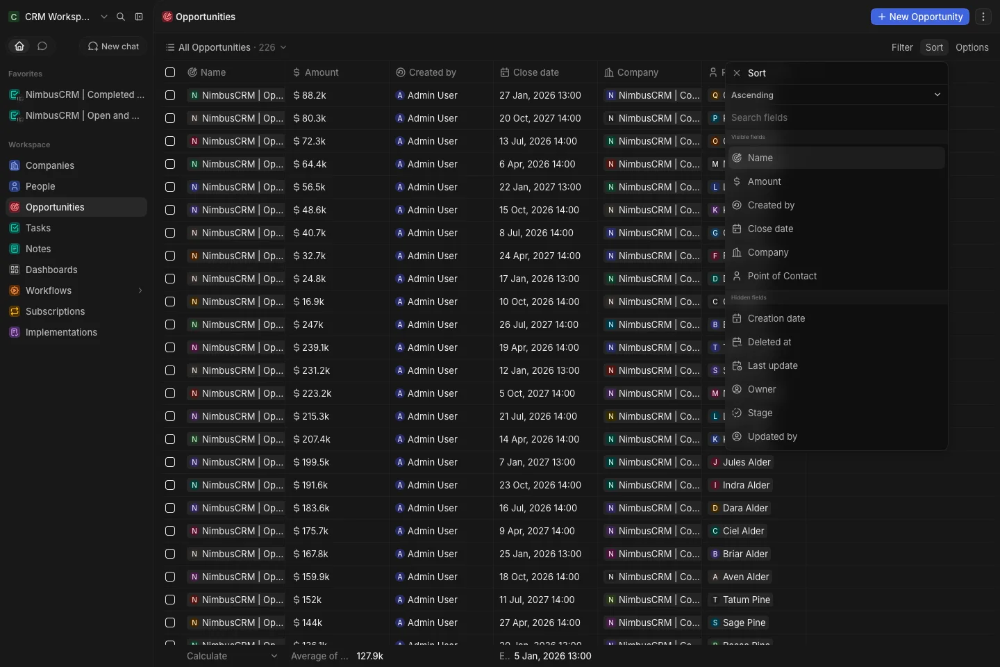 CRM Workspace - opportunities - sort menu (dark)