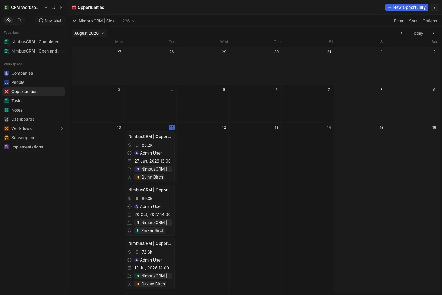 CRM Workspace - opportunities - close date calendar (dark)