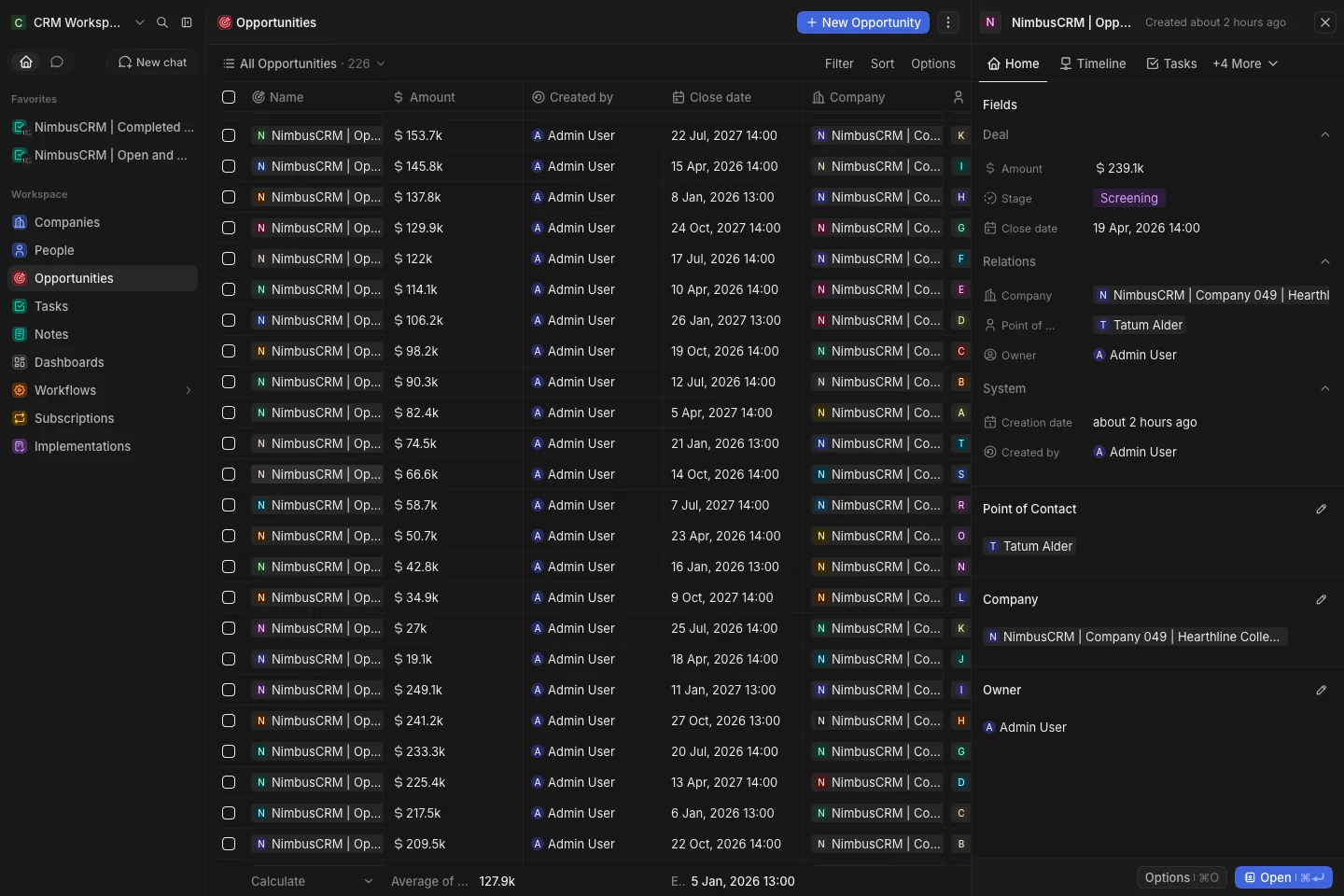 CRM Workspace - opportunities - activity timeline (dark)