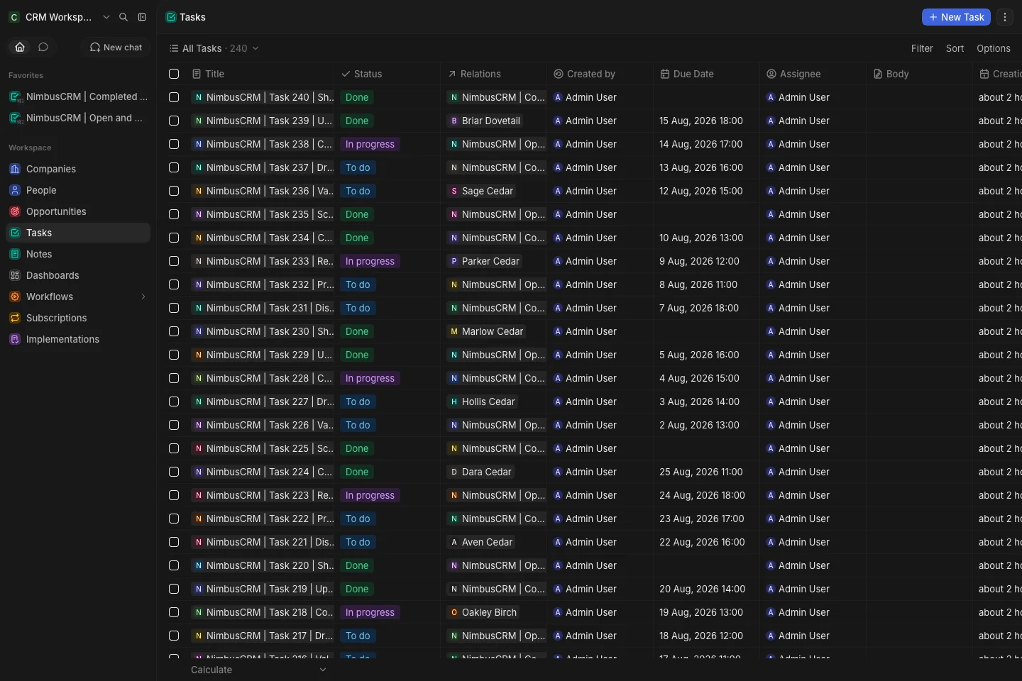 CRM Workspace - tasks - all tasks (dark)