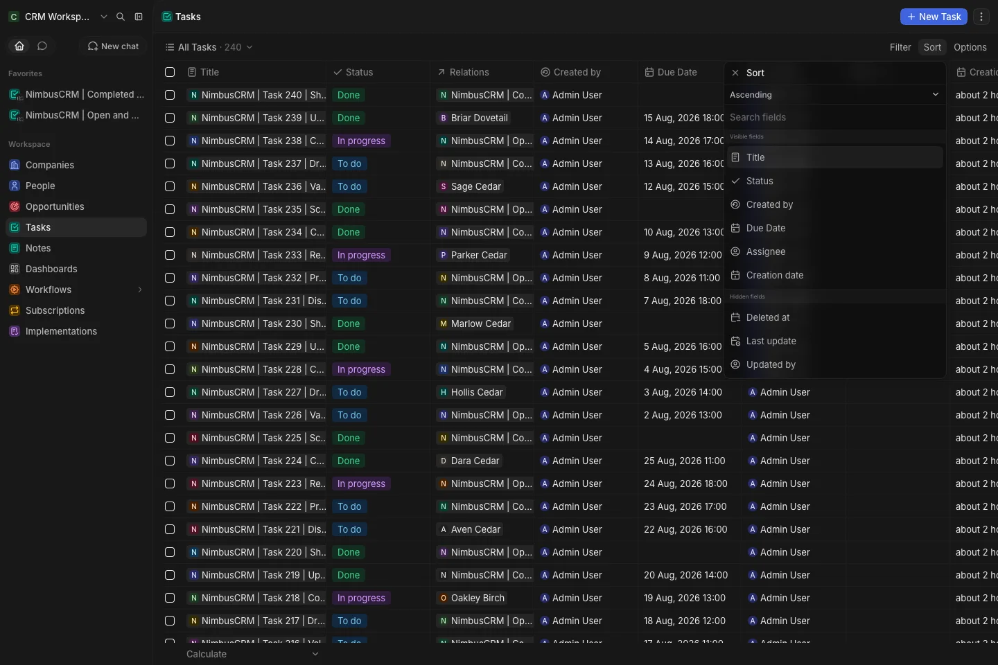 CRM Workspace - tasks - due date sort (dark)