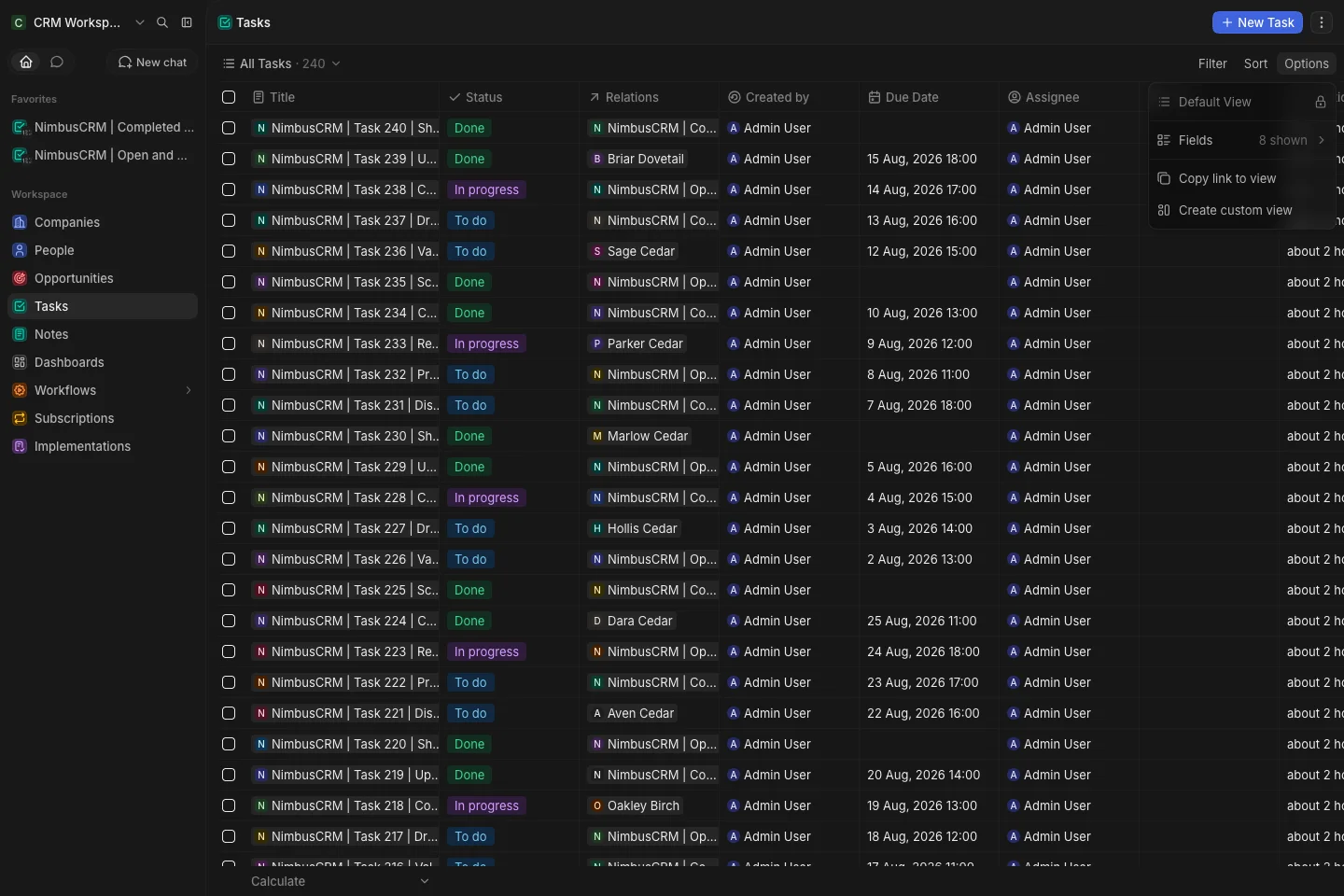 CRM Workspace - tasks - task fields (dark)