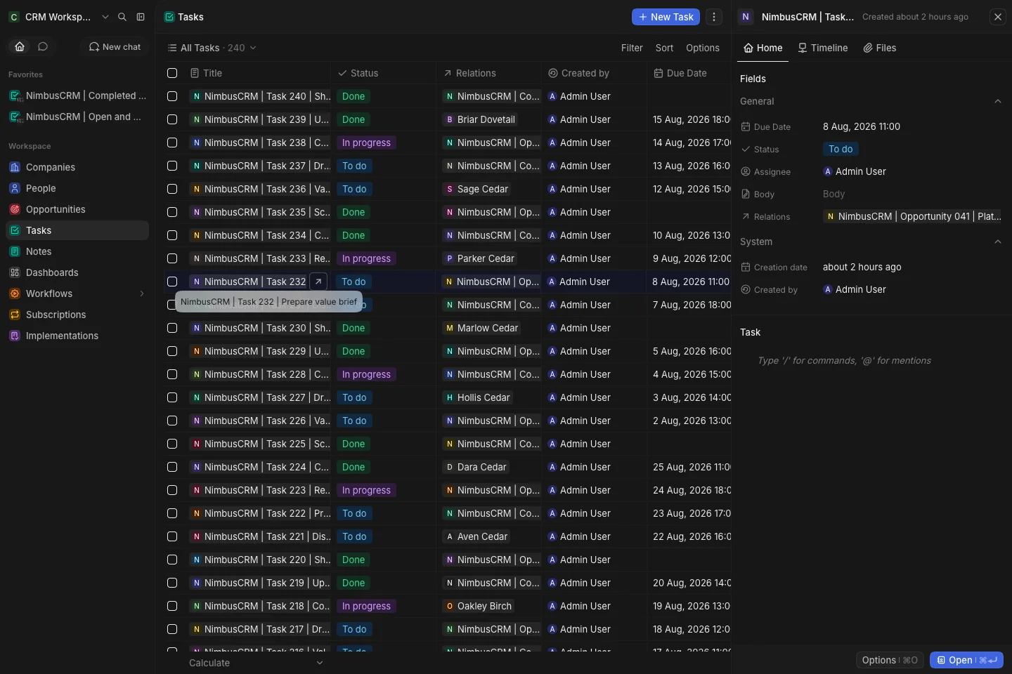 CRM Workspace - tasks - open task (dark)