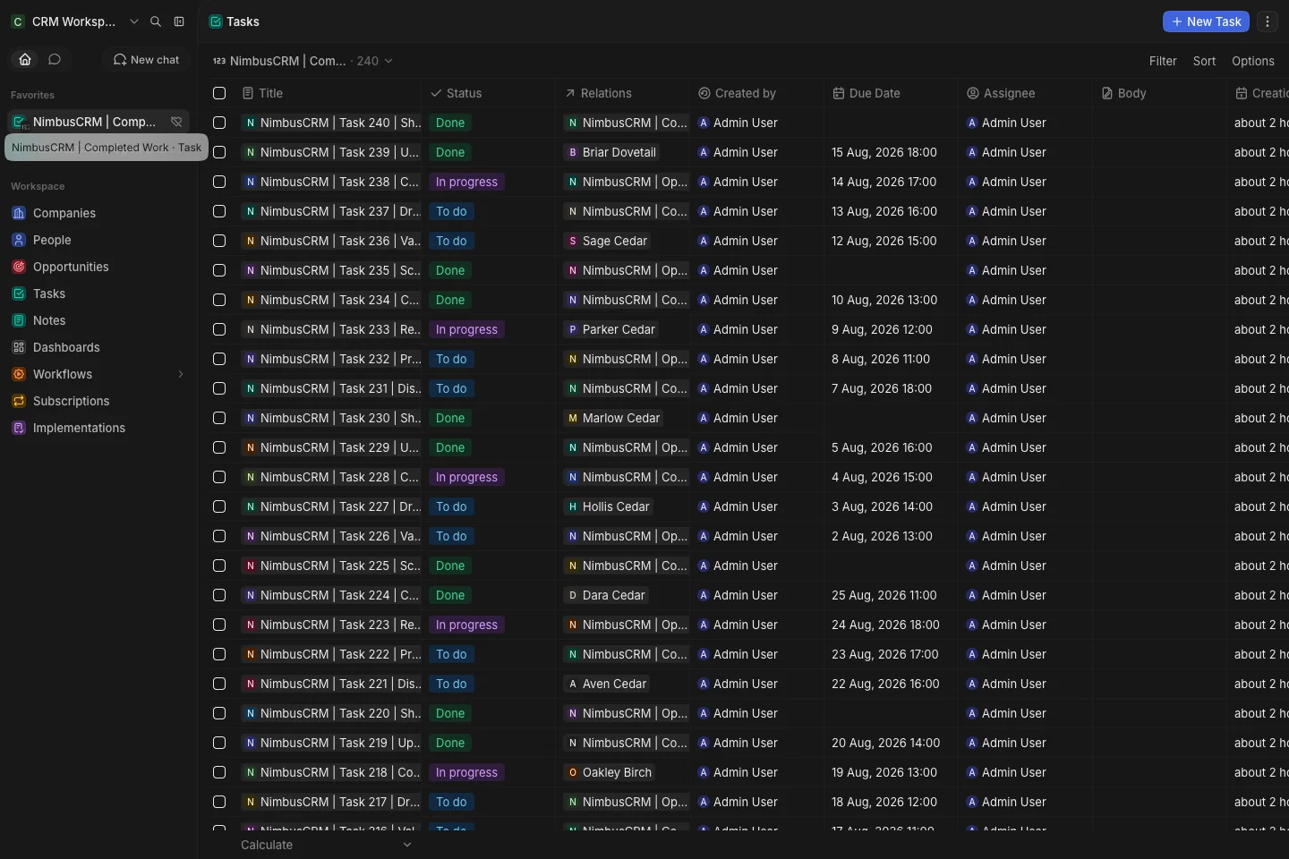 CRM Workspace - tasks - completed work (dark)