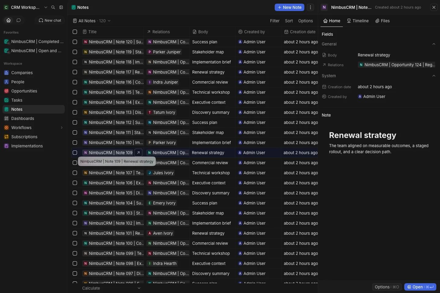 CRM Workspace - notes - formatted content (dark)