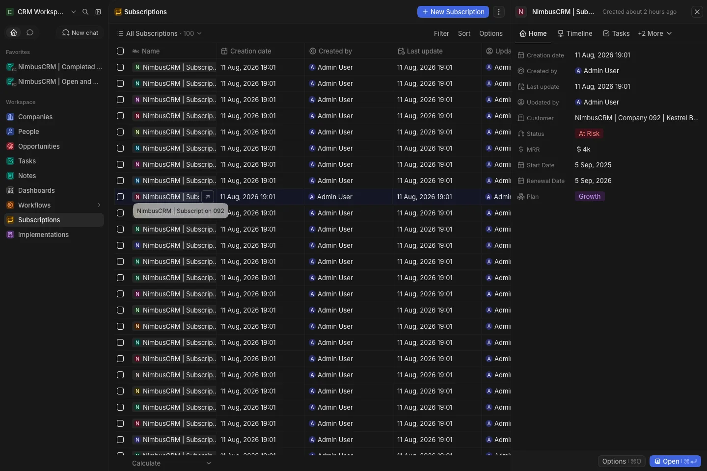 CRM Workspace - custom objects - subscription detail (dark)