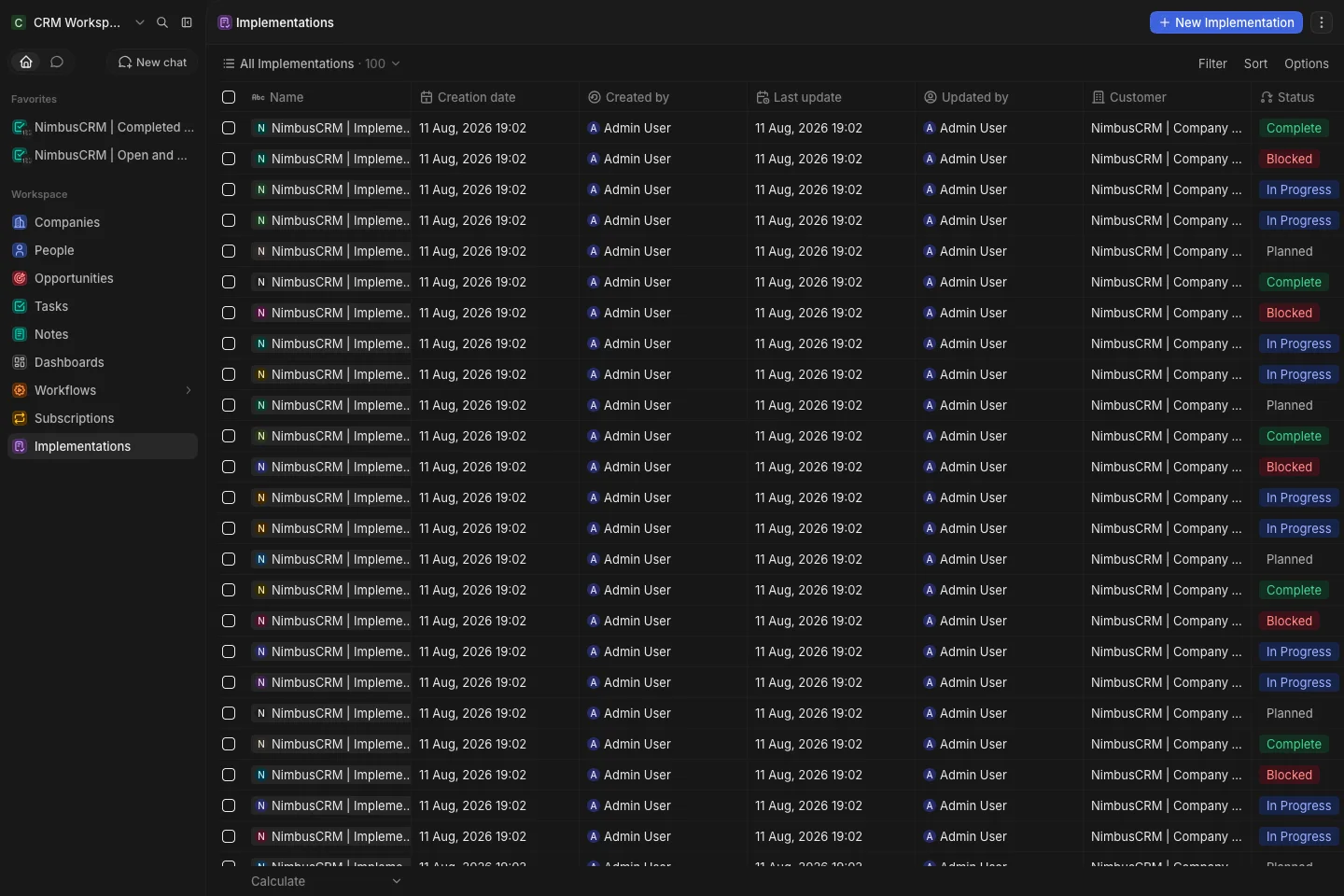 CRM Workspace - custom objects - implementations list (dark)