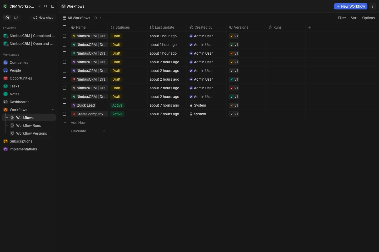 CRM Workspace - workflows - draft workflows (dark)