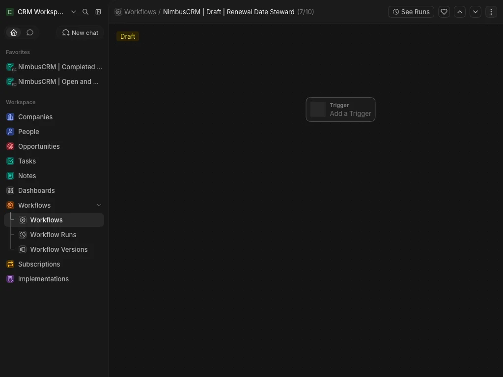 CRM Workspace - workflows - draft canvas safe (dark)