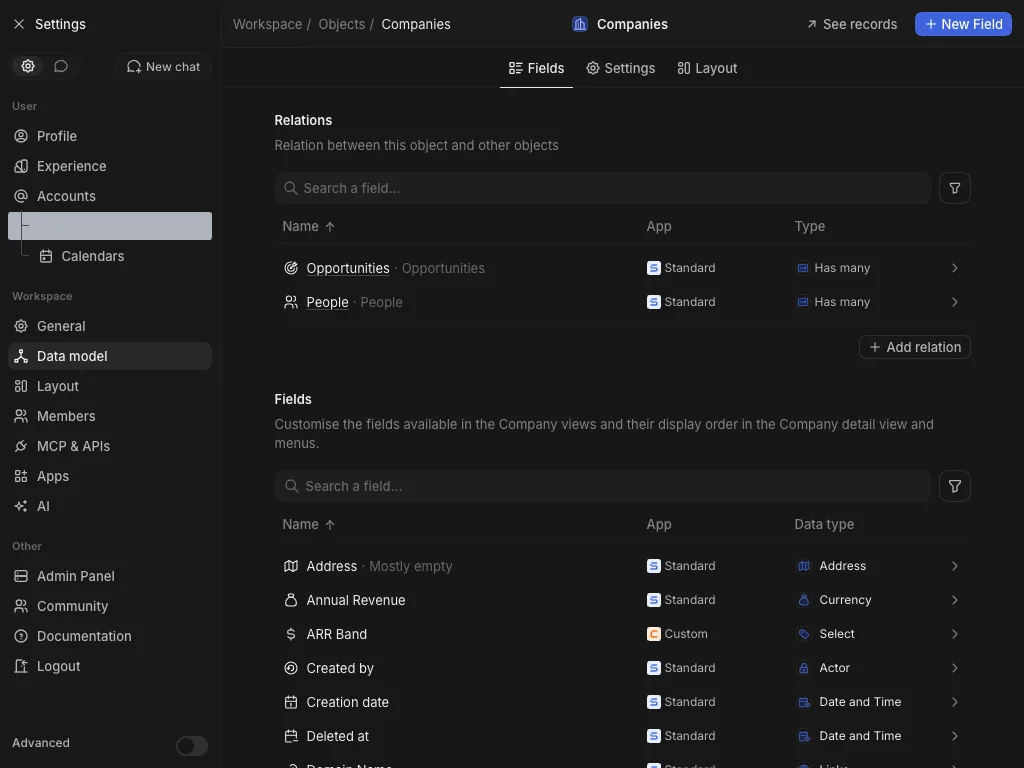 CRM Workspace - data model - custom fields (dark)