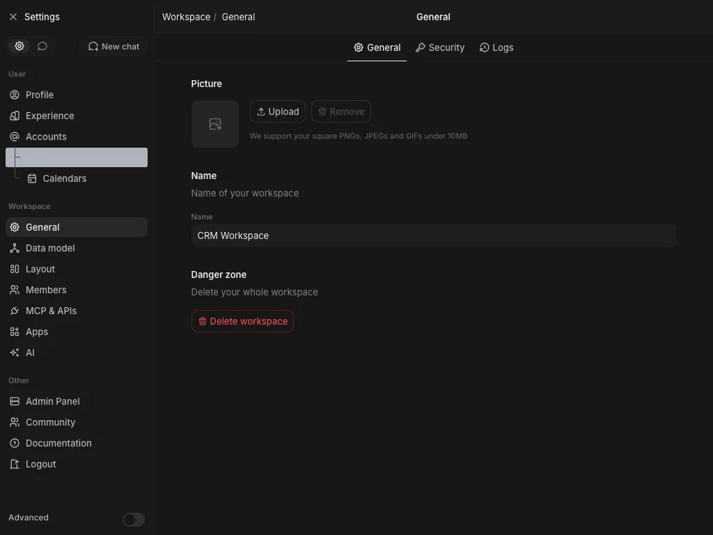 CRM Workspace - settings - safe general (dark)
