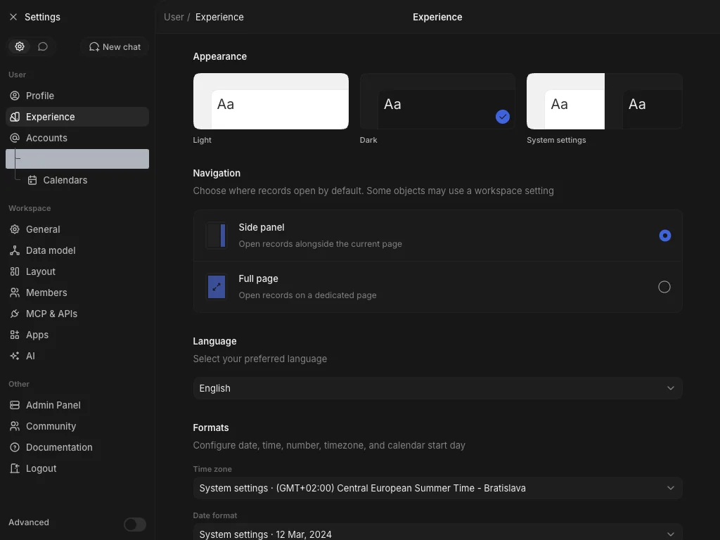 CRM Workspace - settings - theme and navigation (dark)