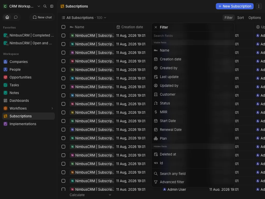 CRM Workspace - custom objects - subscription filter (dark)
