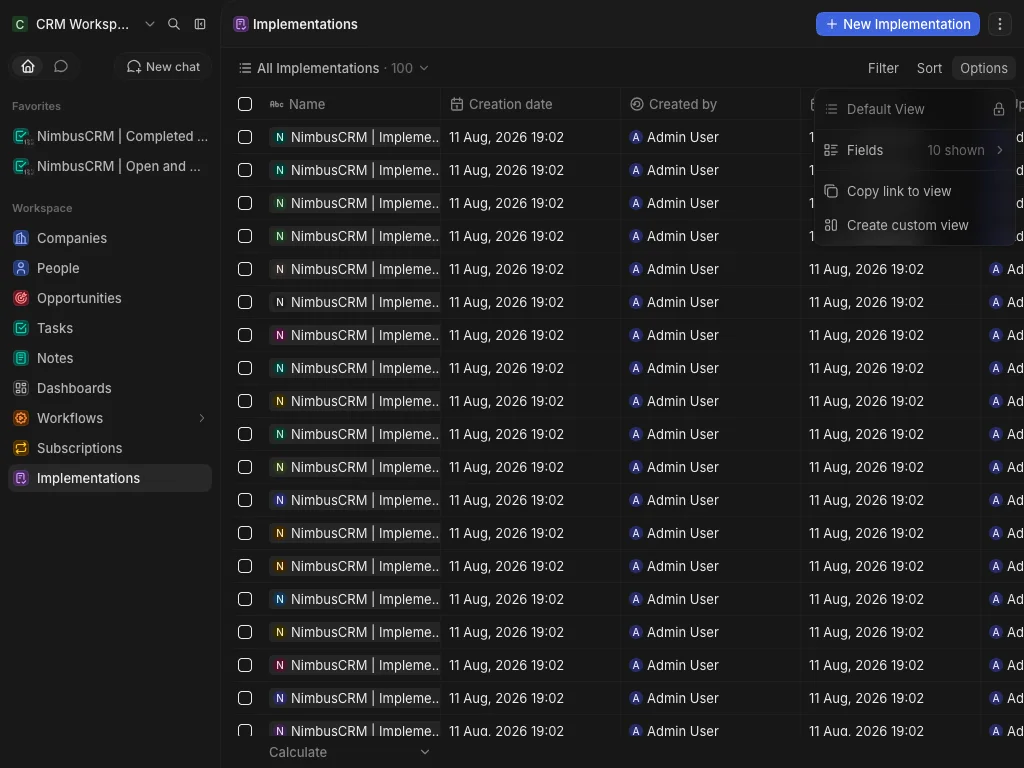 CRM Workspace - custom objects - implementation fields (dark)