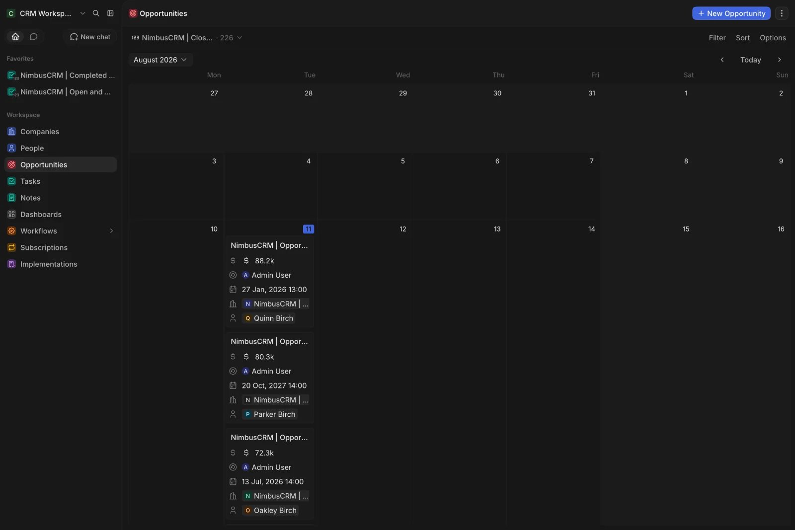 CRM Workspace - opportunities - calendar overview (dark)