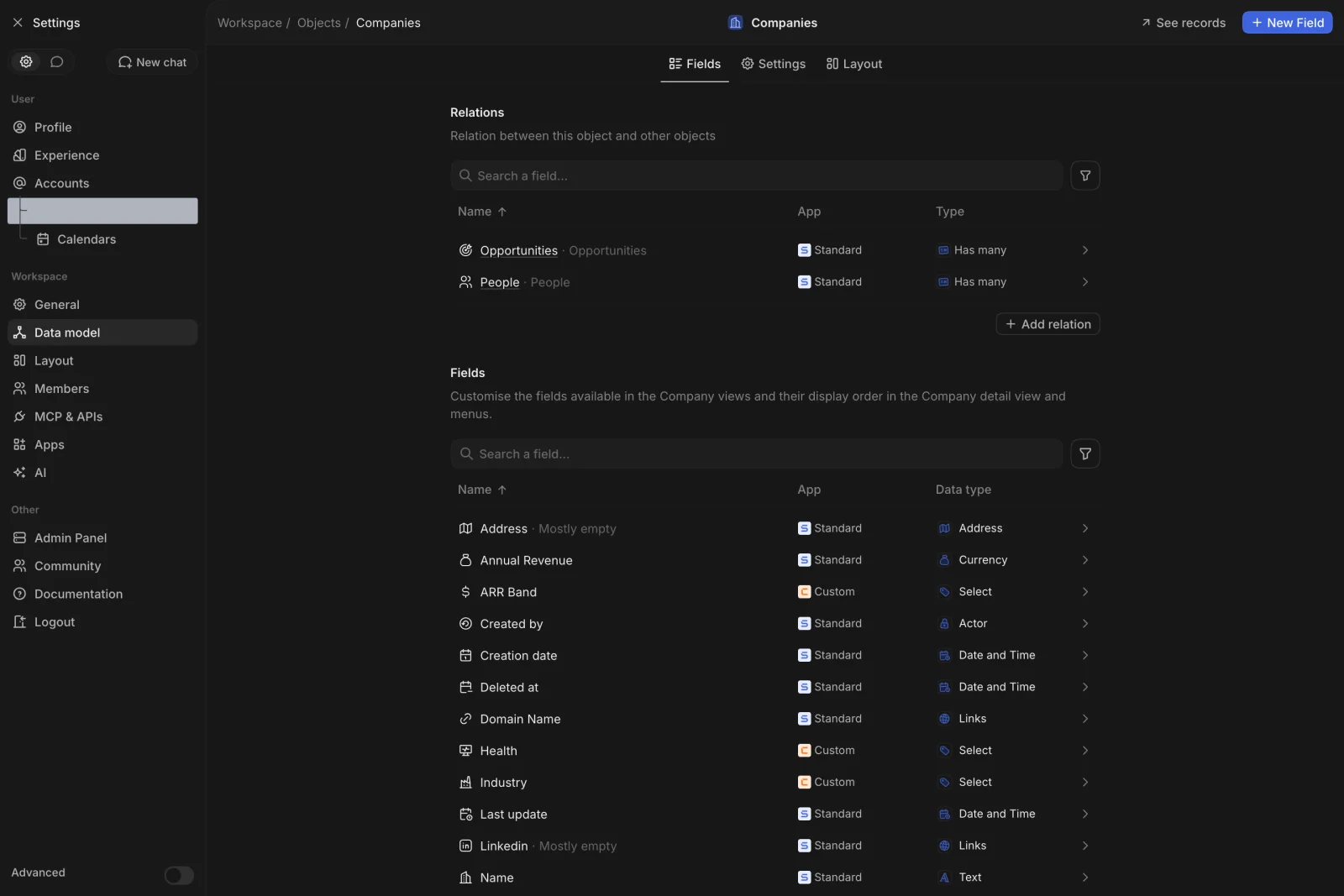 CRM Workspace - data model - field catalog (dark)