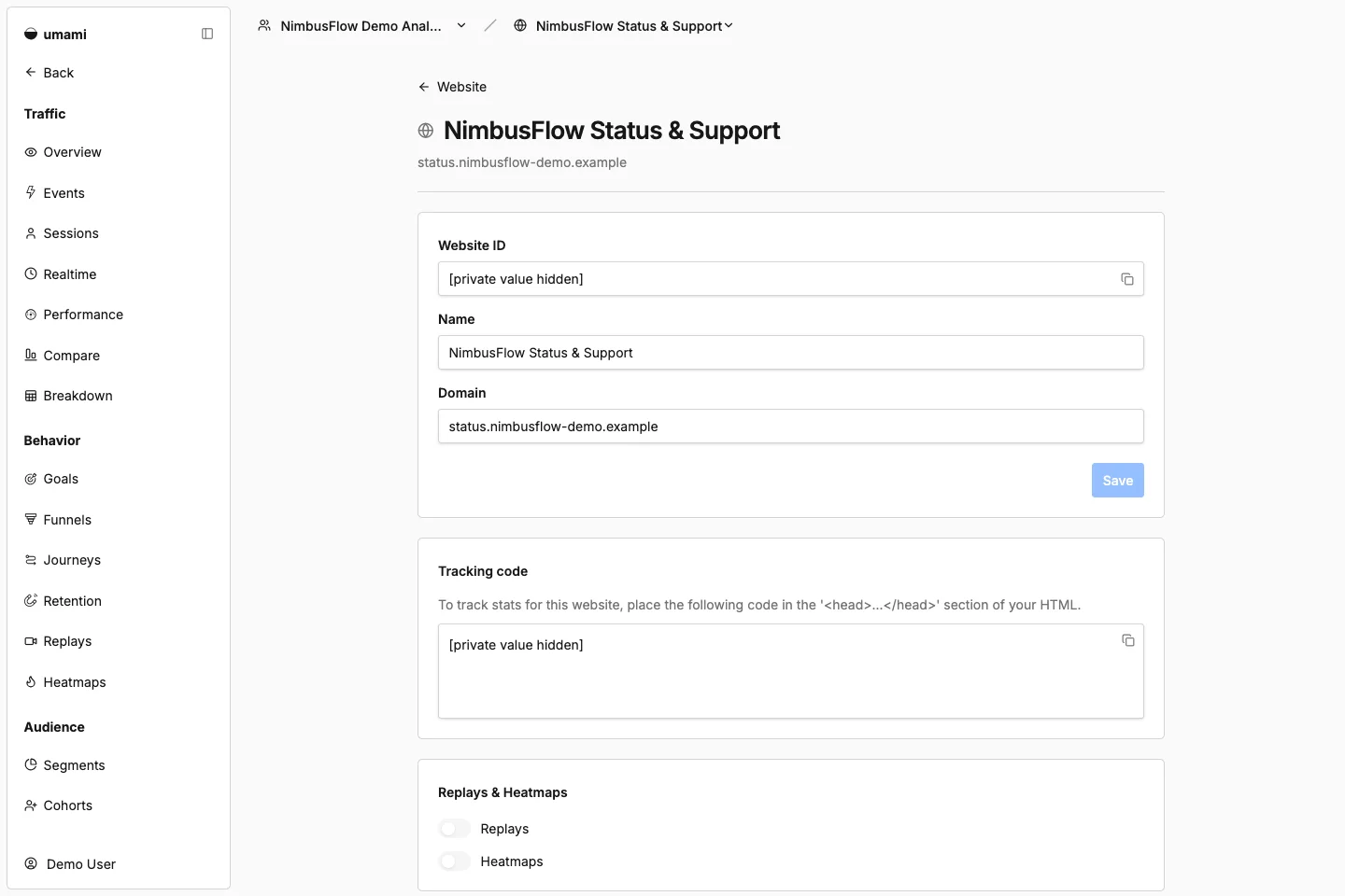 NimbusFlow Status & Support settings