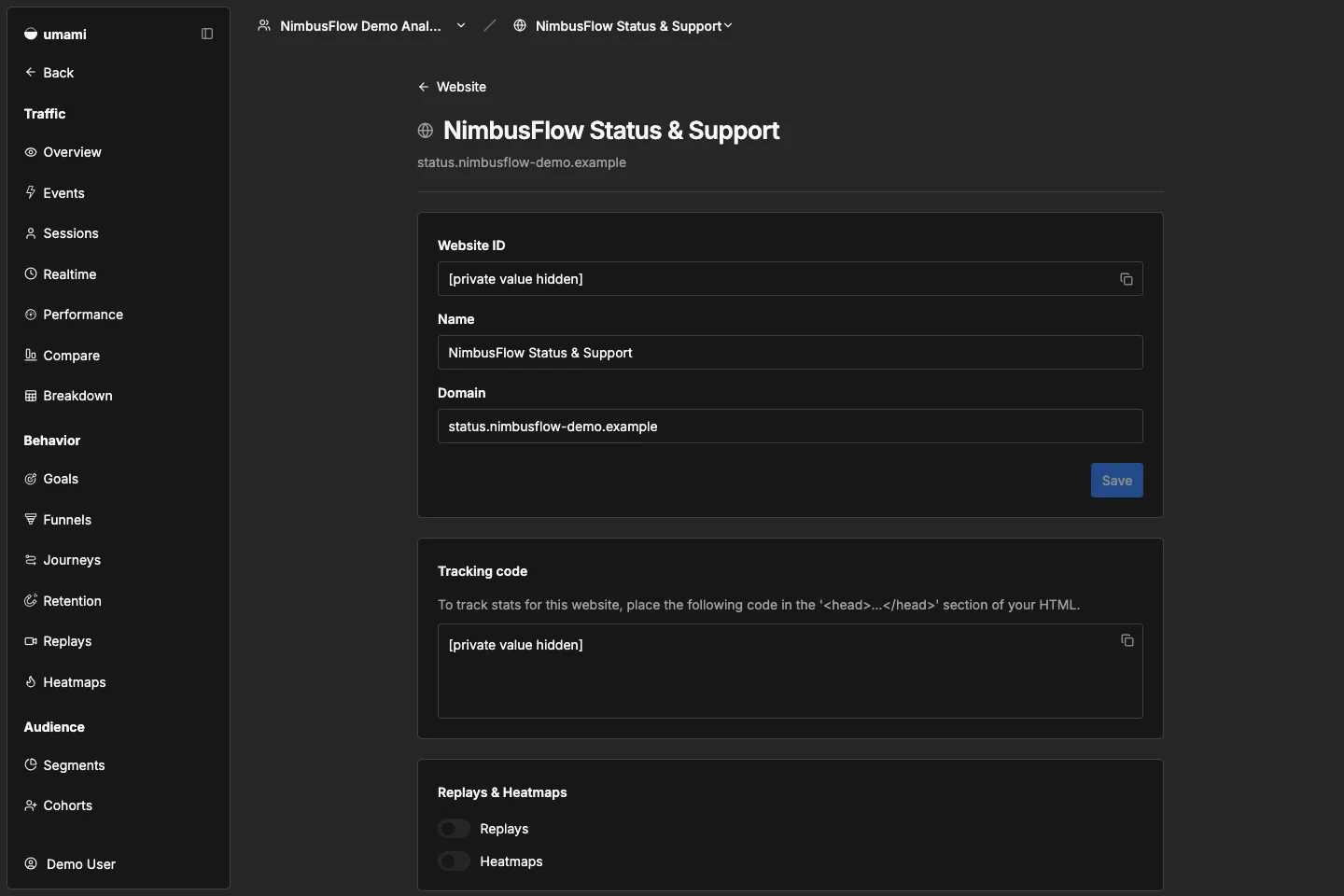 NimbusFlow Status & Support settings