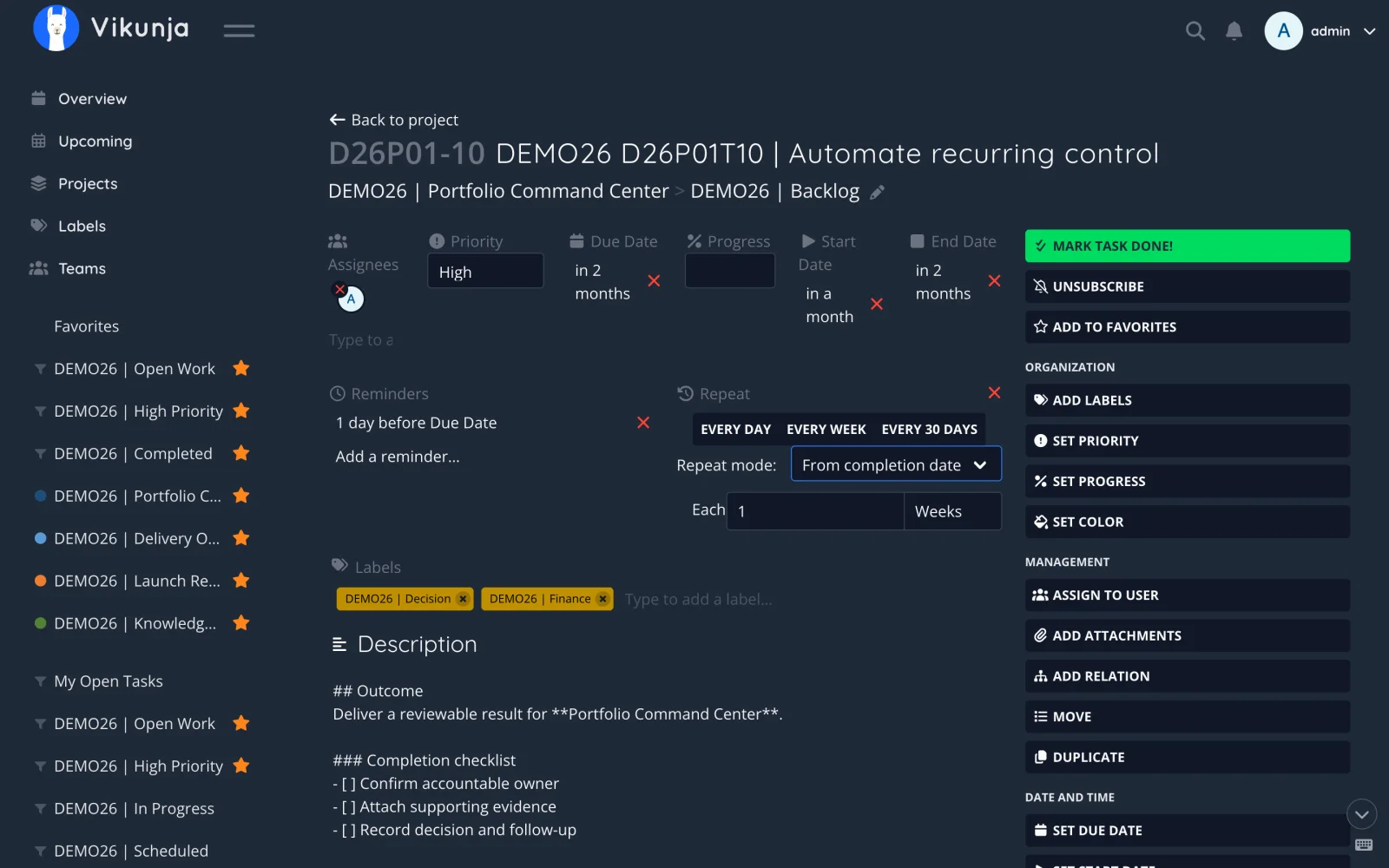 Dark Retina Repeating Task Settings