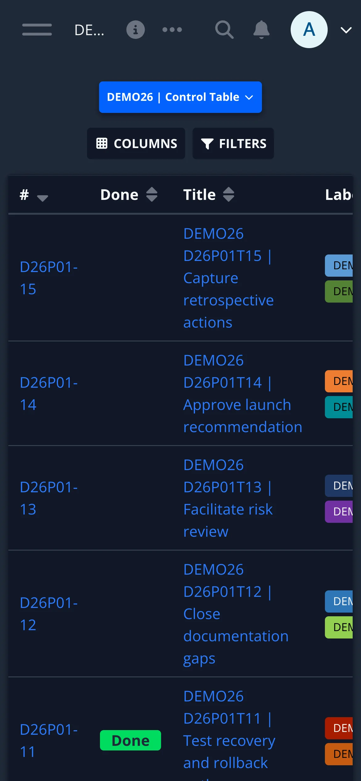 Dark Mobile Project Table View