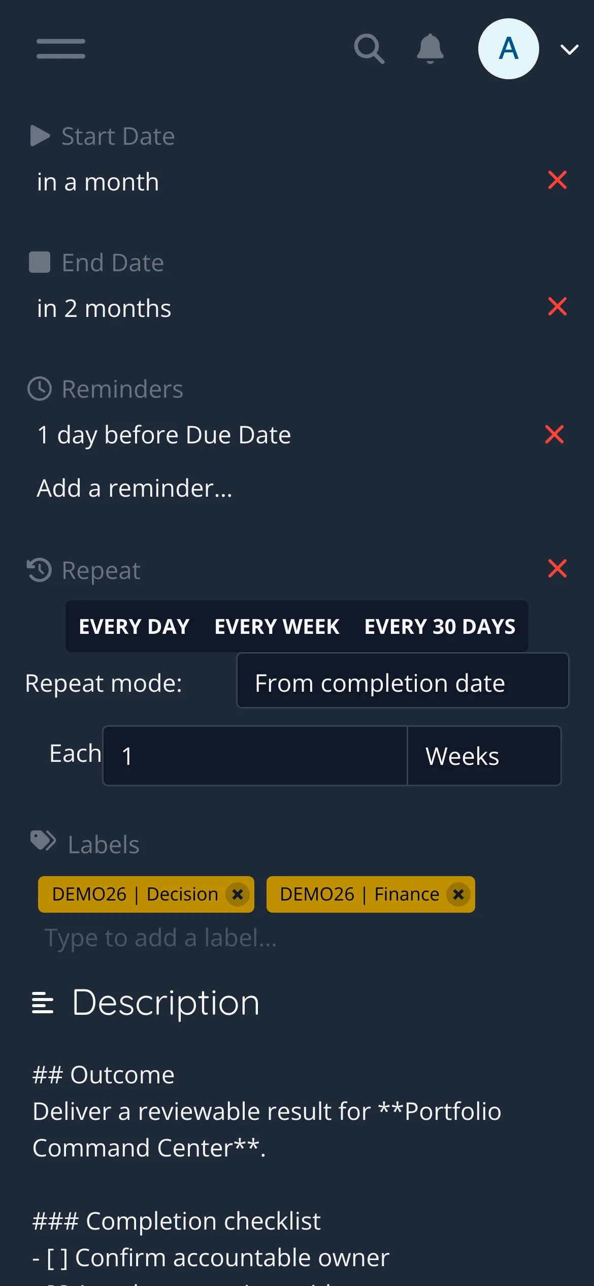 Dark Mobile Task Properties