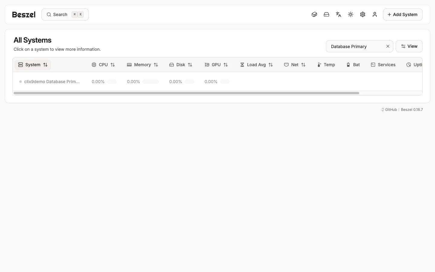 Database System Filter - desktop light in the Beszel interface