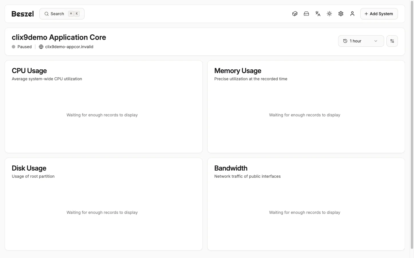 Application Core Metrics Overview - desktop light in the Beszel interface