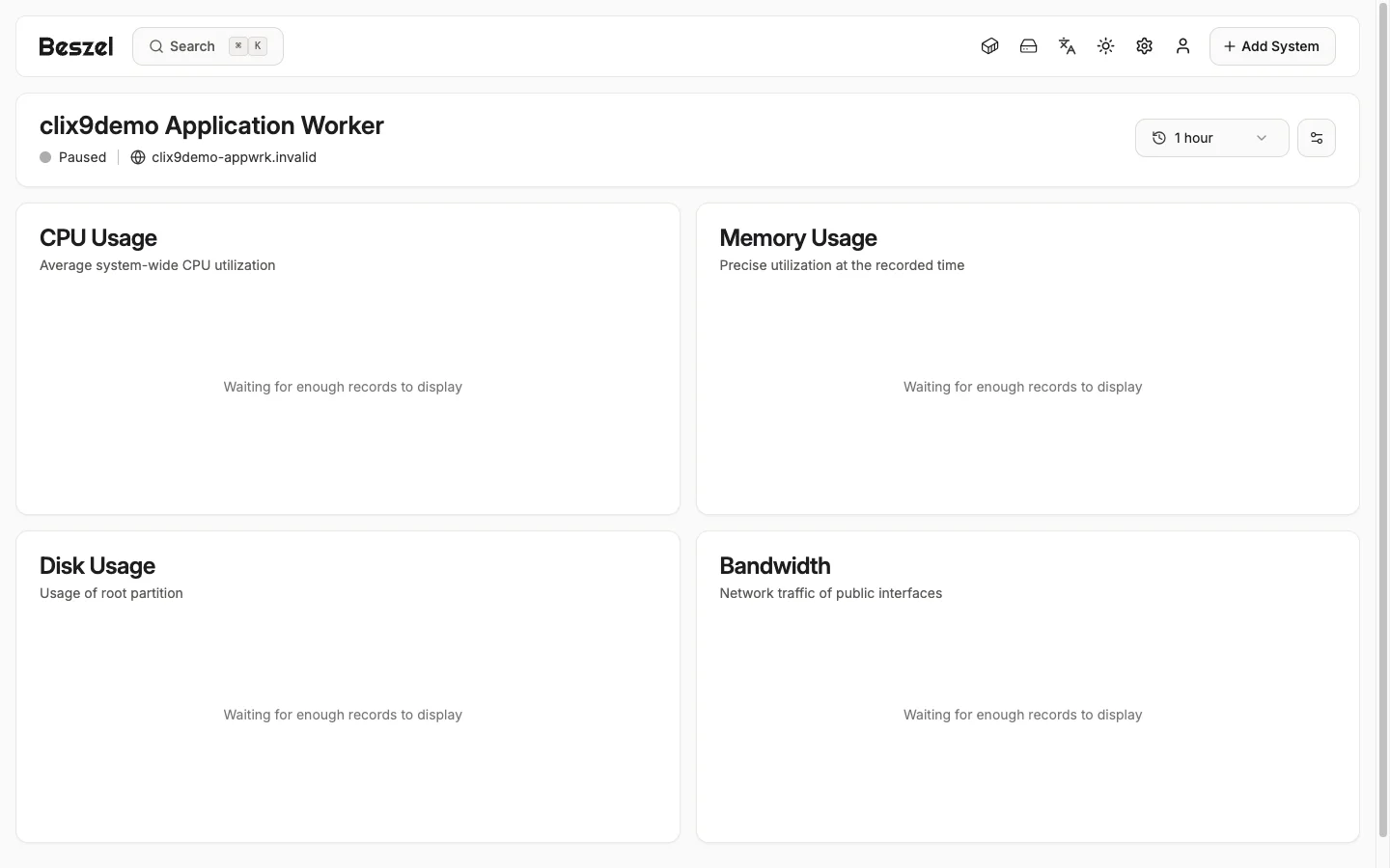 Application Worker Metrics Overview - desktop light in the Beszel interface