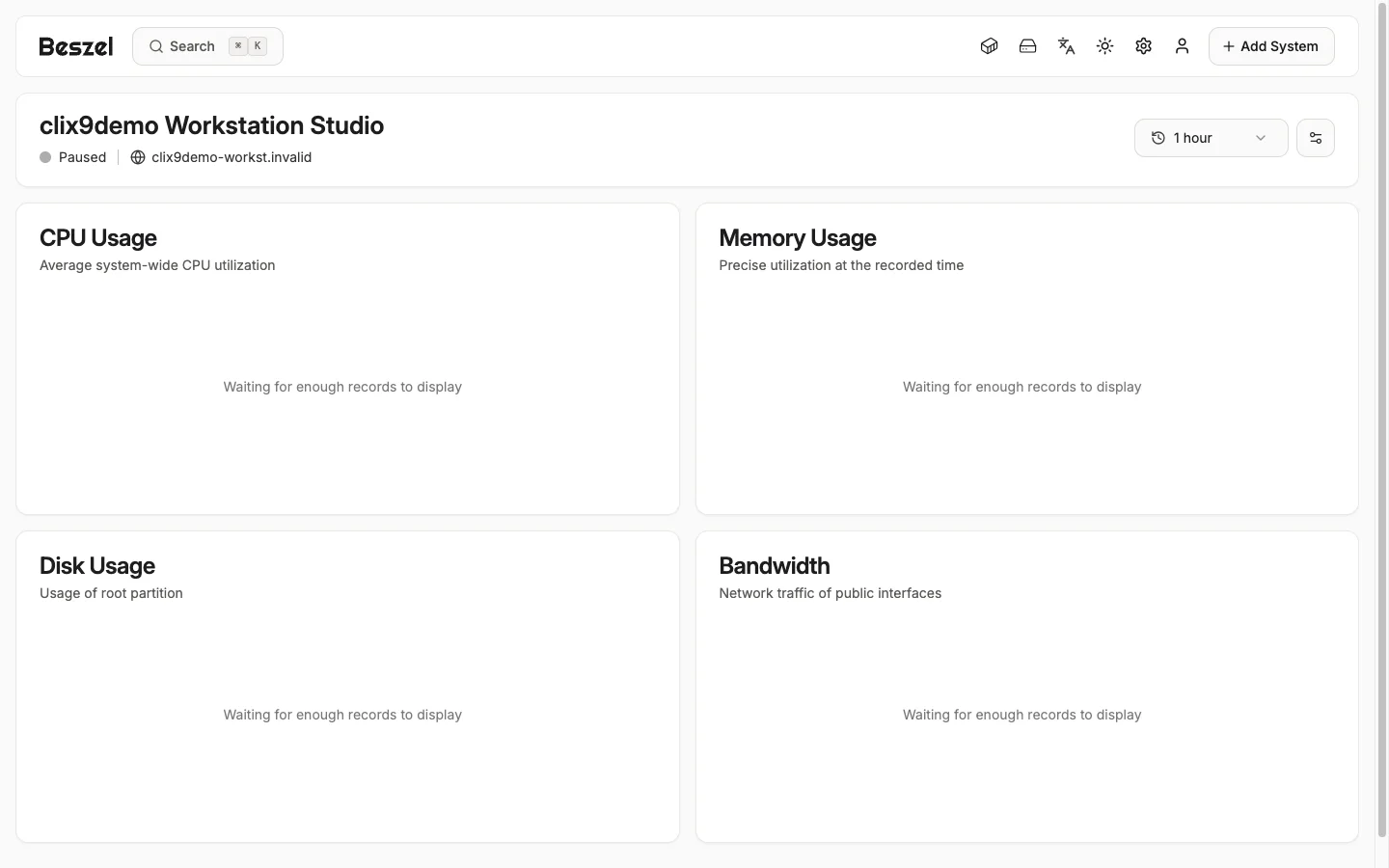 Workstation Metrics Overview - desktop light in the Beszel interface