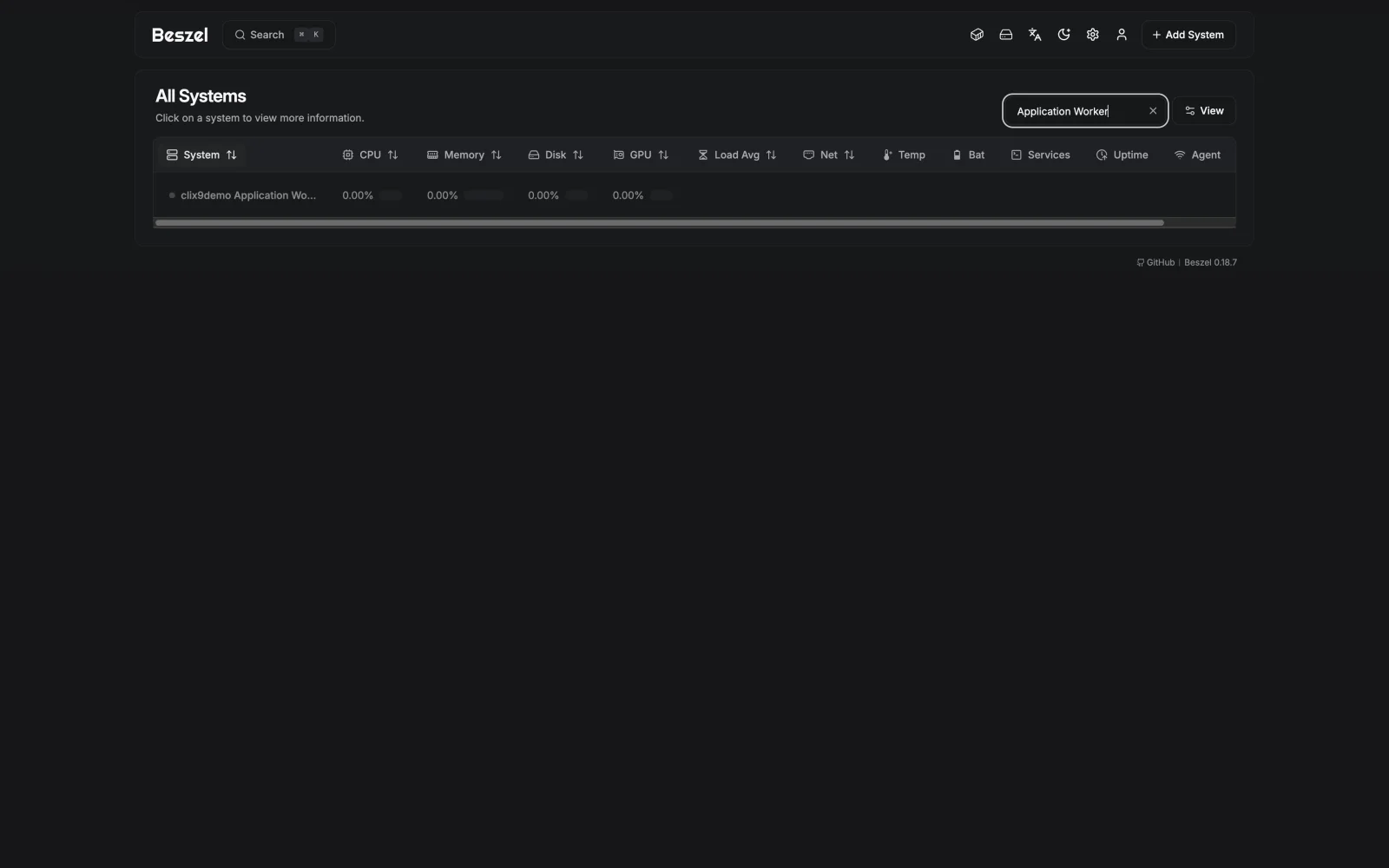 Application Worker System Filter - retina dark in the Beszel interface