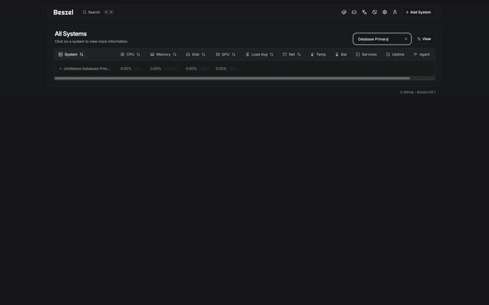 Database System Filter - retina dark in the Beszel interface