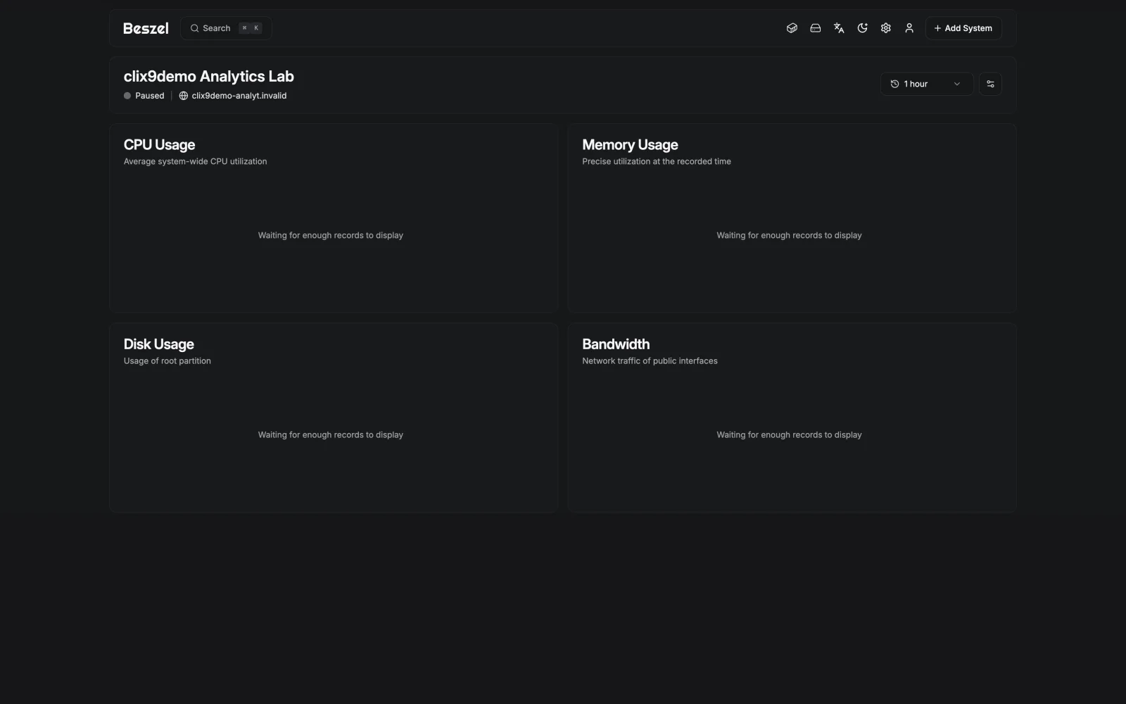 Analytics Metrics Overview - retina dark in the Beszel interface