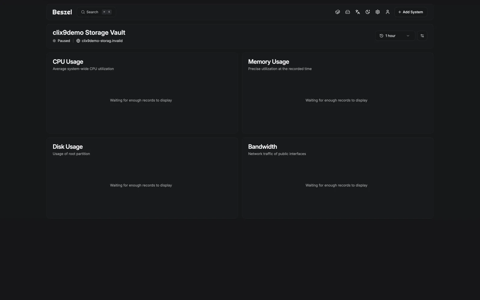 Storage Metrics Overview - retina dark in the Beszel interface