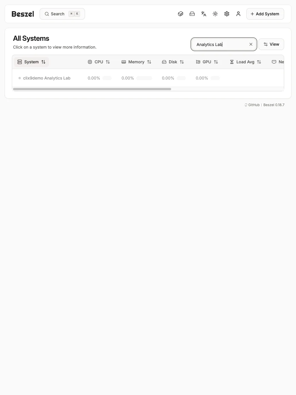 Analytics System Filter - tablet light in the Beszel interface