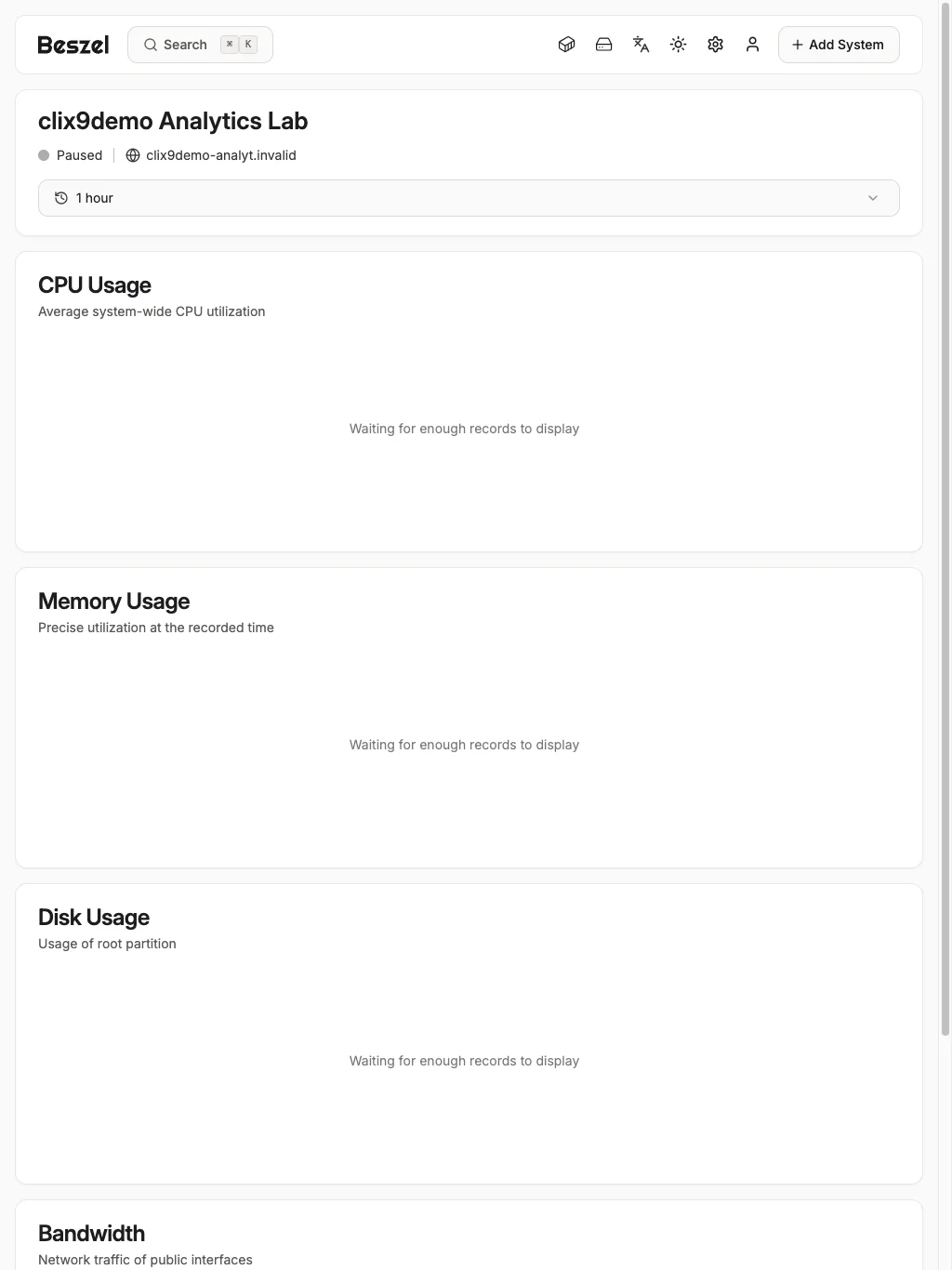 Analytics Metrics Overview - tablet light in the Beszel interface