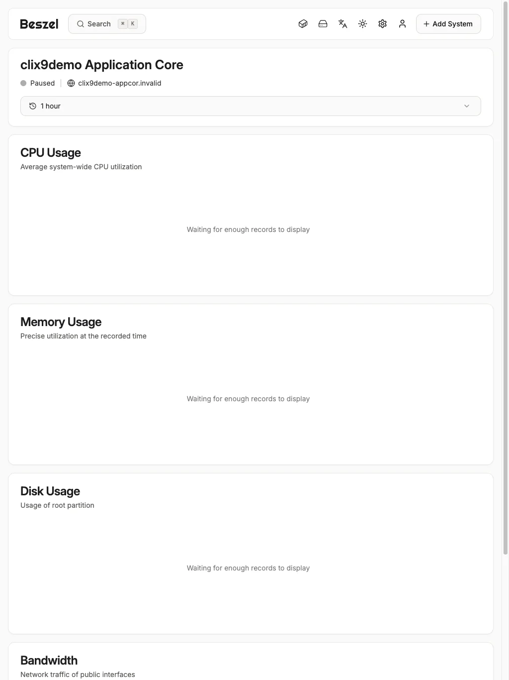Application Core Metrics Overview - tablet light in the Beszel interface