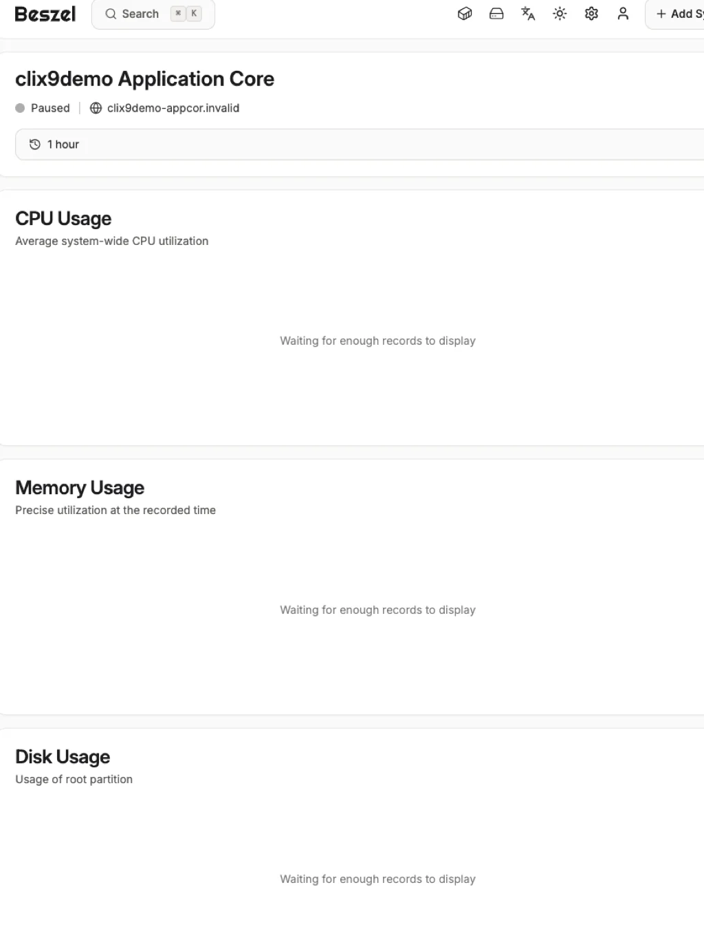 Application Core Metrics Focused View Crop - tablet light in the Beszel interface