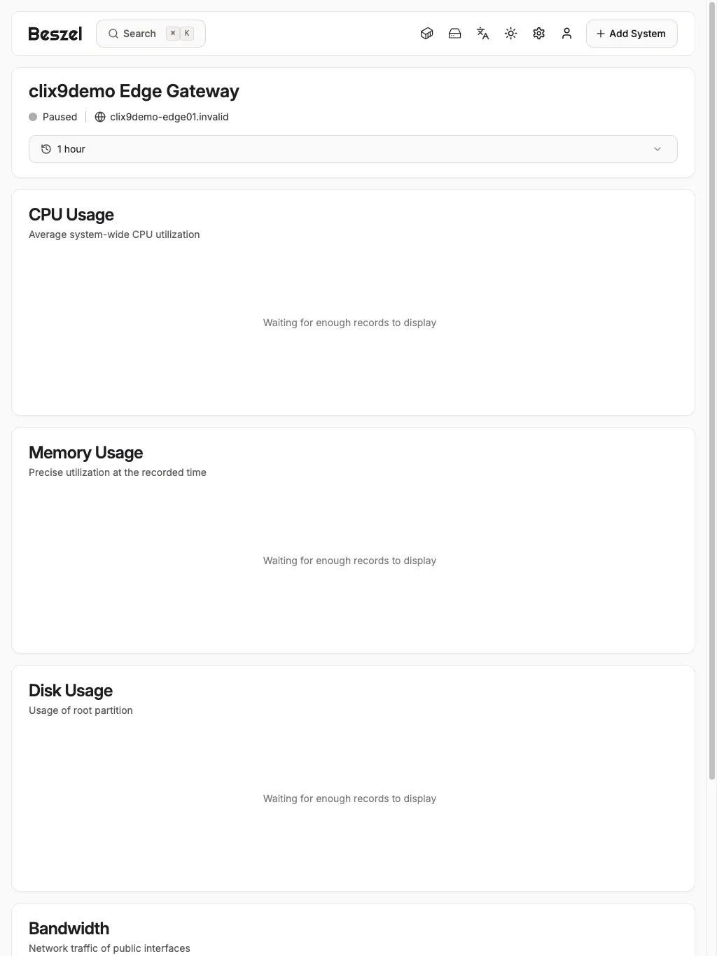 Edge Gateway Metrics Overview - tablet light in the Beszel interface
