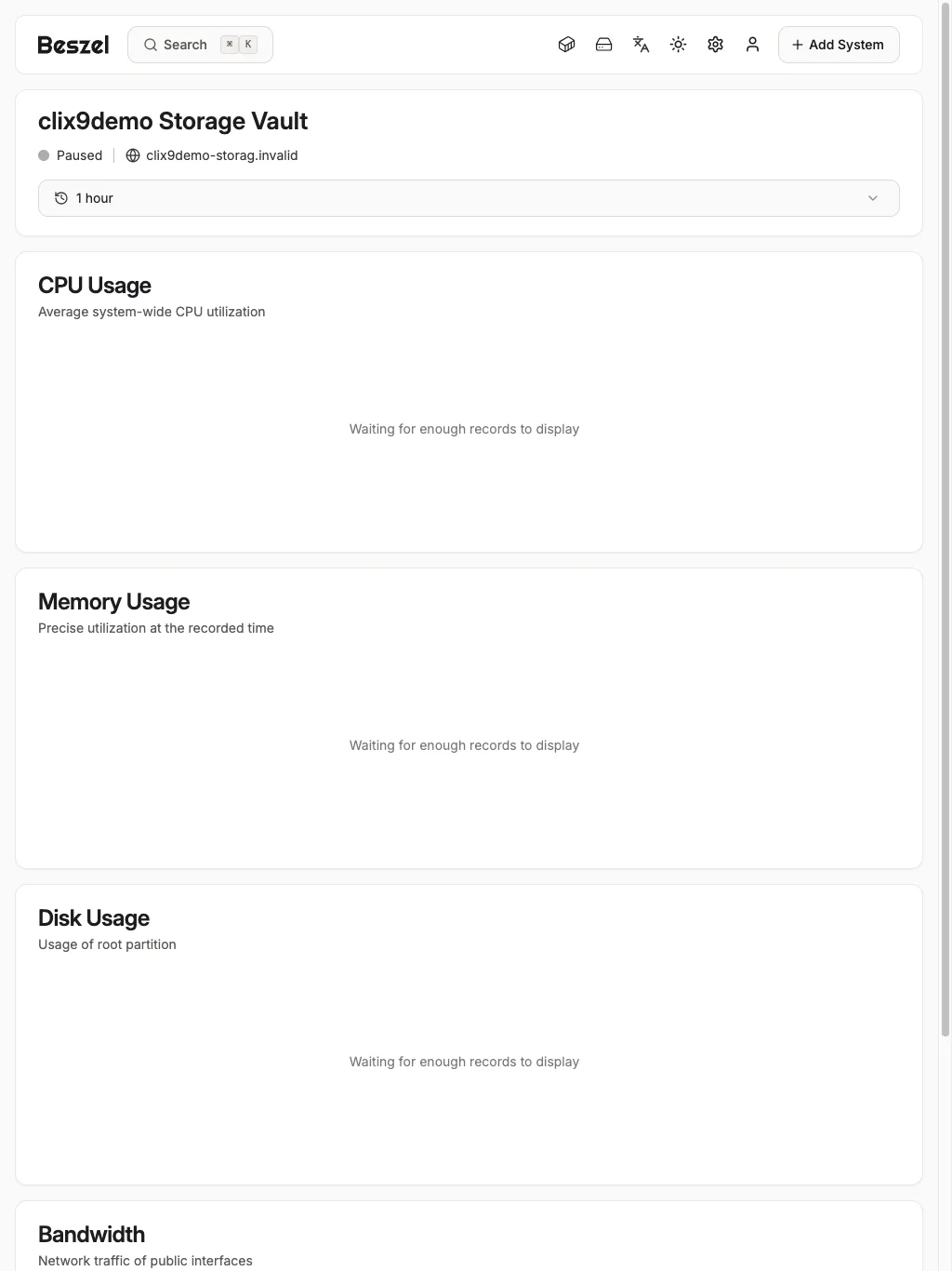Storage Metrics Overview - tablet light in the Beszel interface