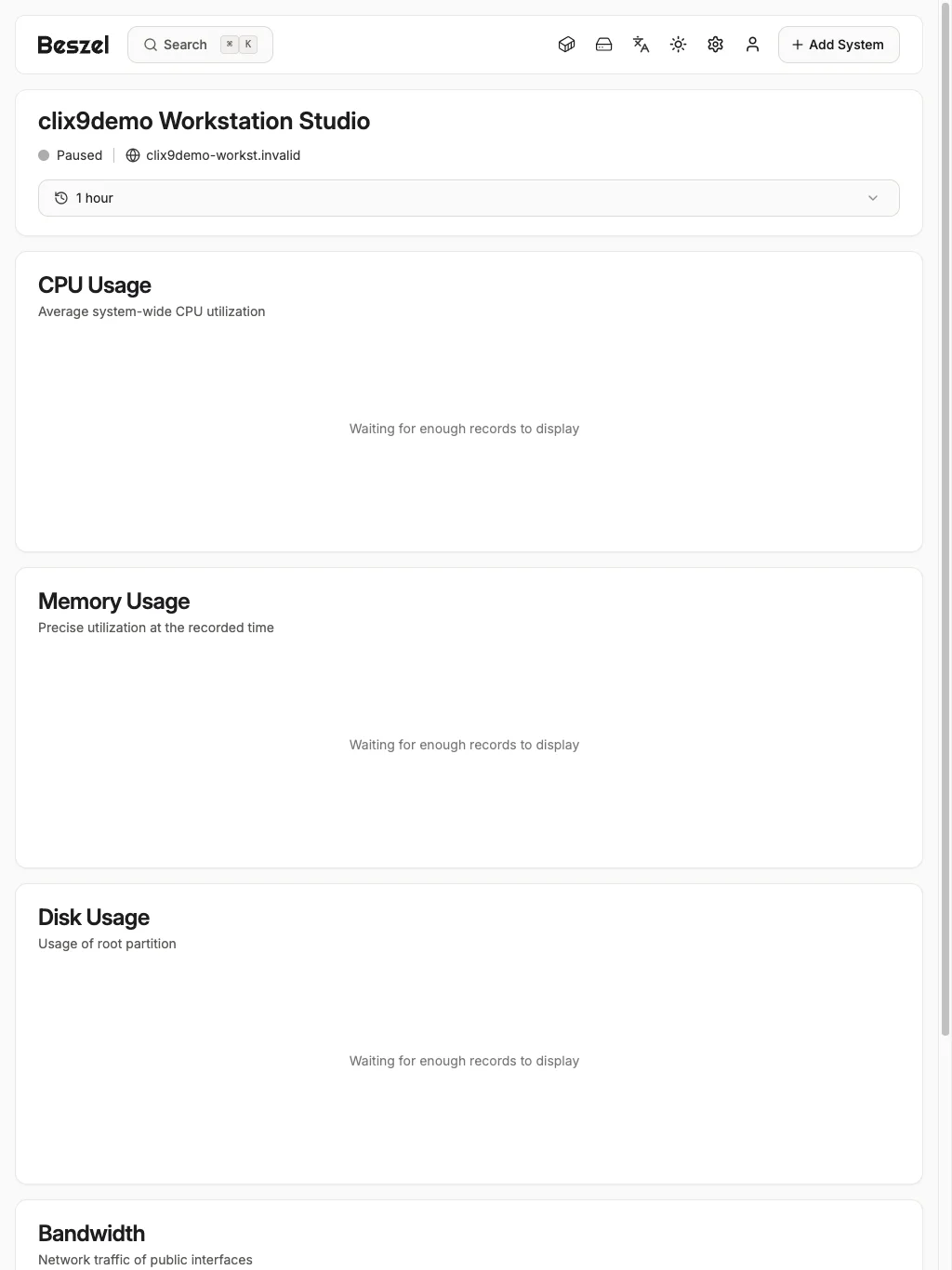 Workstation Metrics Overview - tablet light in the Beszel interface