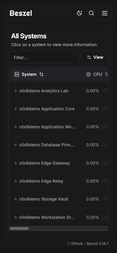 All Systems - mobile dark in the Beszel interface