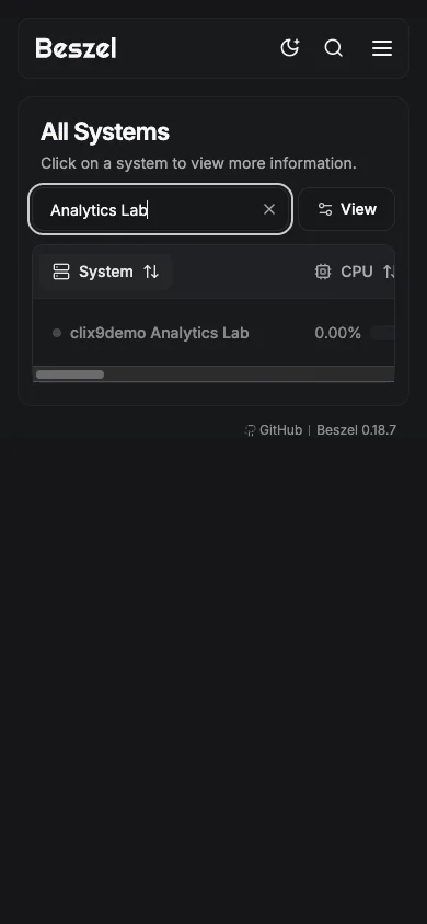 Analytics System Filter - mobile dark in the Beszel interface