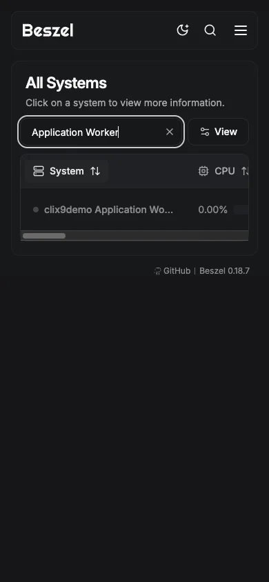 Application Worker System Filter - mobile dark in the Beszel interface