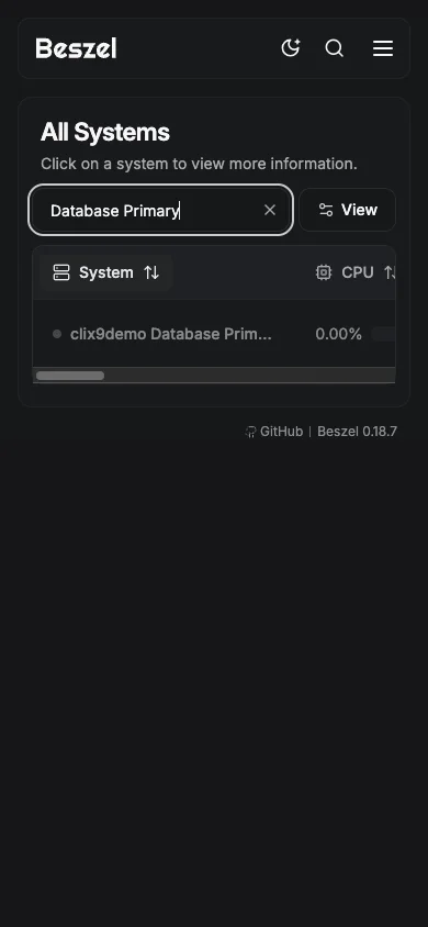 Database System Filter - mobile dark in the Beszel interface