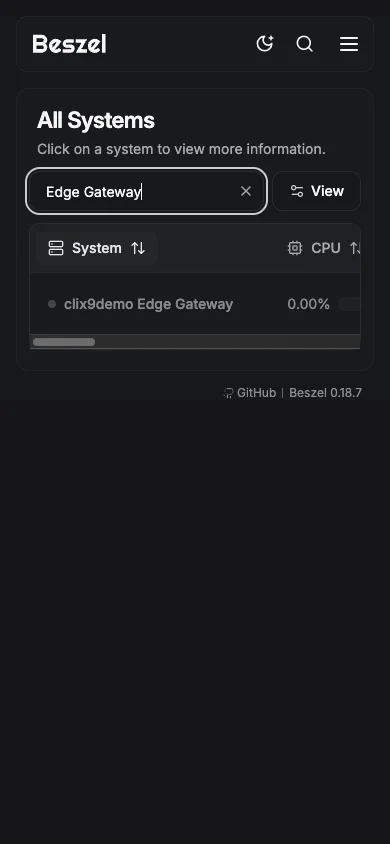 Edge Gateway System Filter - mobile dark in the Beszel interface