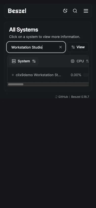 Workstation System Filter - mobile dark in the Beszel interface