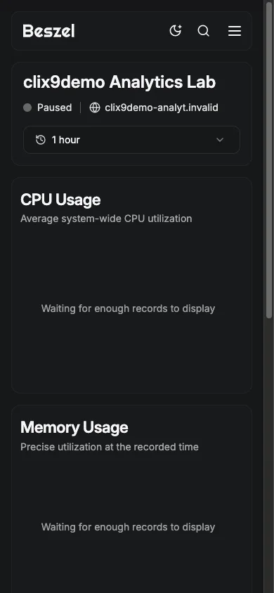 Analytics Metrics Overview - mobile dark in the Beszel interface
