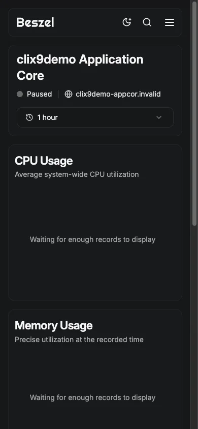 Application Core Metrics Overview - mobile dark in the Beszel interface
