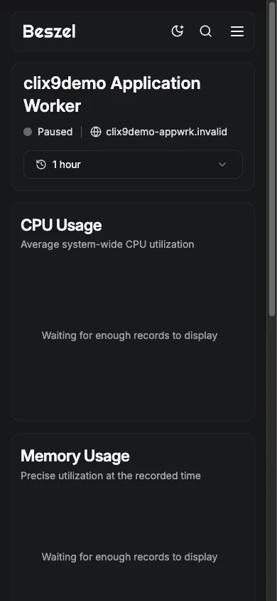Application Worker Metrics Overview - mobile dark in the Beszel interface